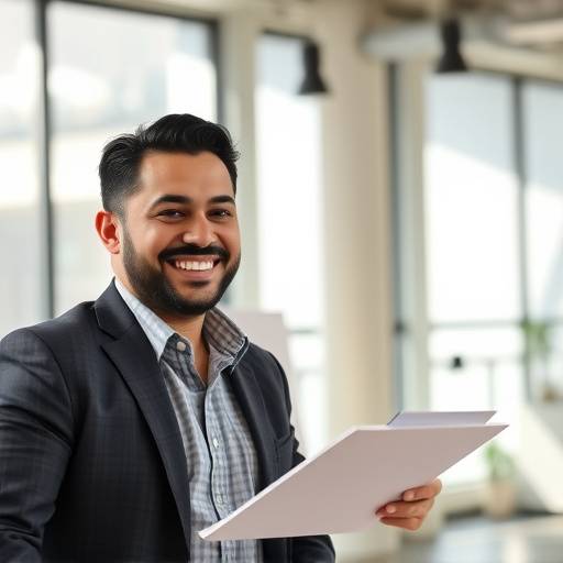 Fotografia di Roberto, imprenditore sorridente, che consulta un documento con il suo consulente